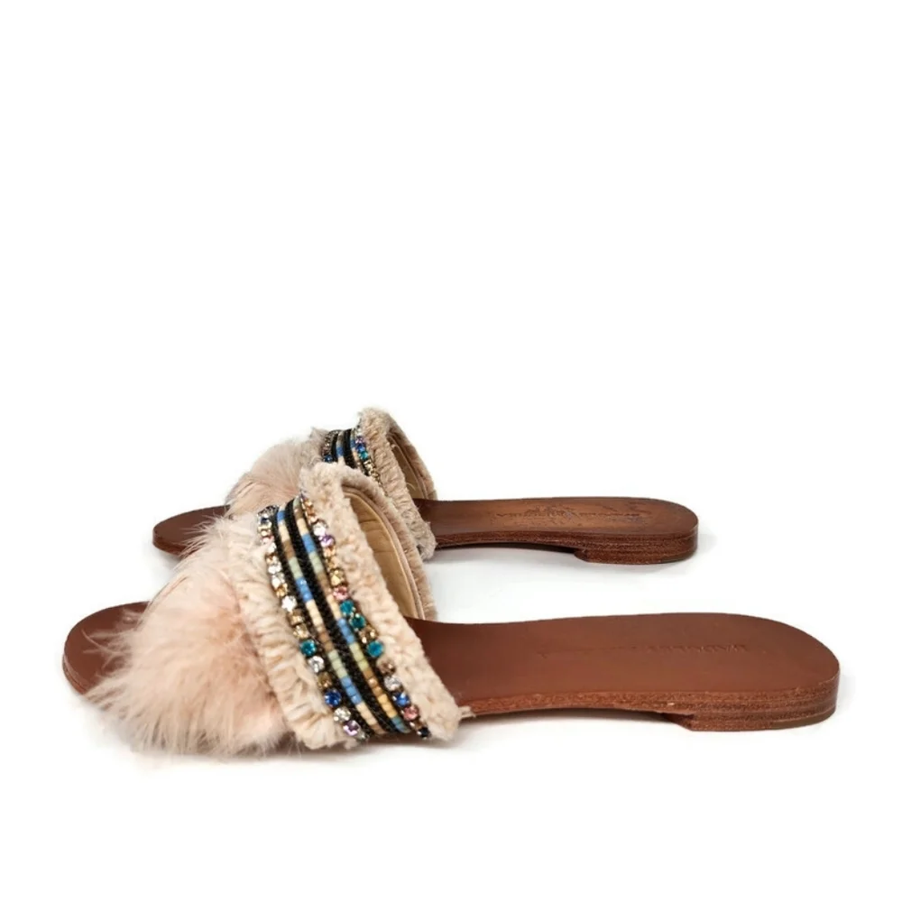 Badgley Mischka Fortune Nude Cream Feathers Beads Open-Toe Flat Slide-On Sandals